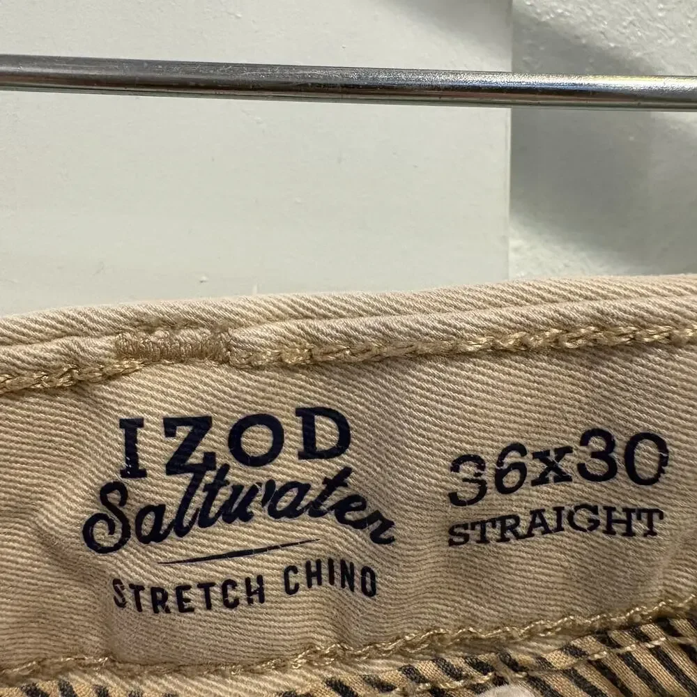 Izod Saltwater Chino Men Size 34x28 (Tag 36x30) Tan Khaki Pants Straight Stretch
